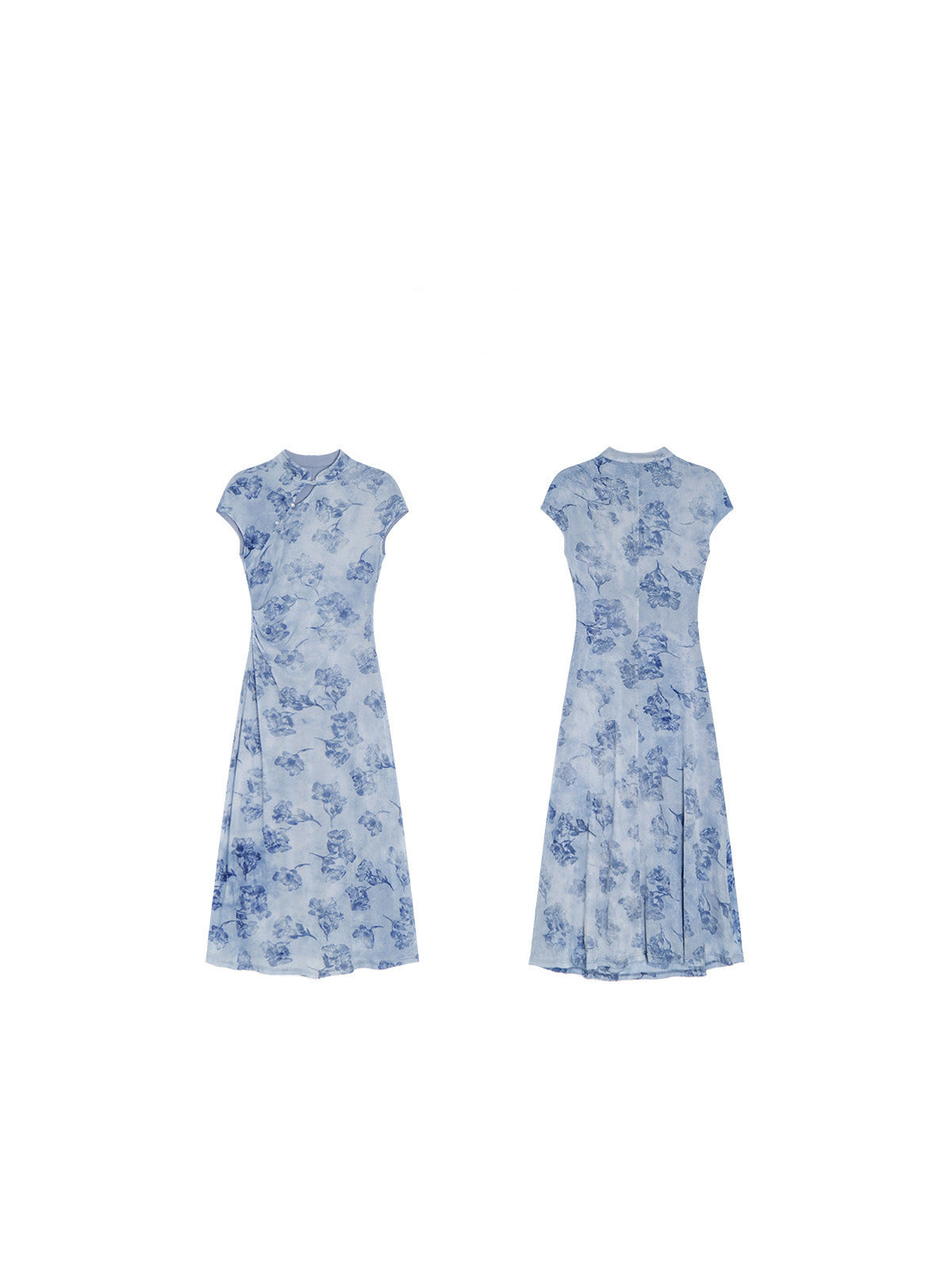 A flat lay of a light blue floral dress with a mandarin collar and keyhole opening, showing the front and back.