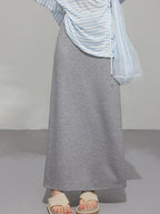 Grey A-Line Midi Skirt with Side Slit and Drawstring Waist