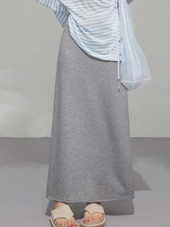 Grey A-Line Midi Skirt with Side Slit and Drawstring Waist
