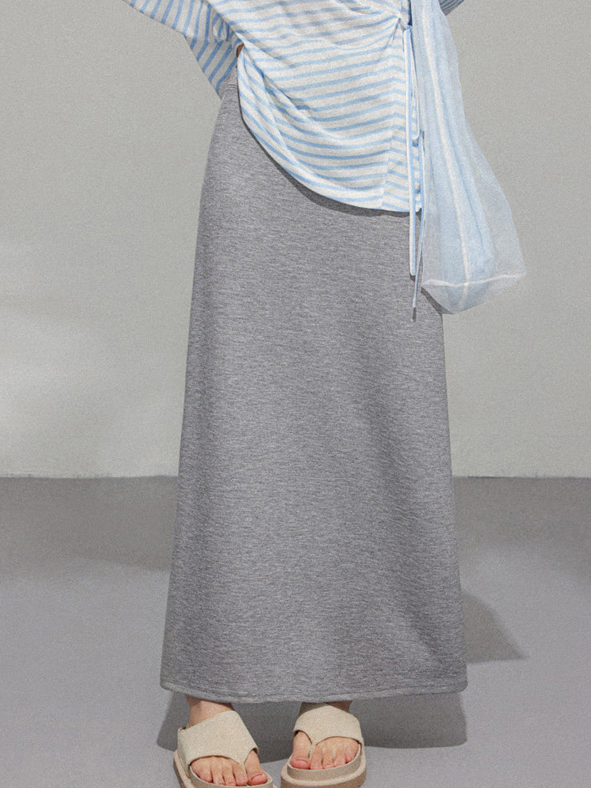 Grey A-Line Midi Skirt with Side Slit and Drawstring Waist