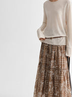 Brown paisley tiered skirt with multiple horizontal gathers