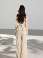 Wide-leg Beige High-Rise Pants with Front Pleats
