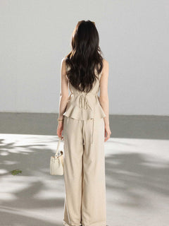 Wide-leg Beige High-Rise Pants with Front Pleats