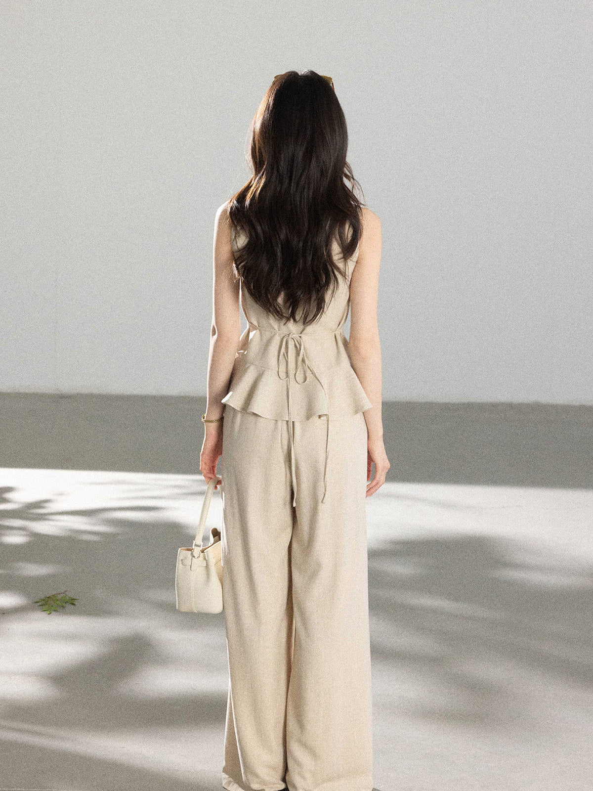 Wide-leg Beige High-Rise Pants with Front Pleats