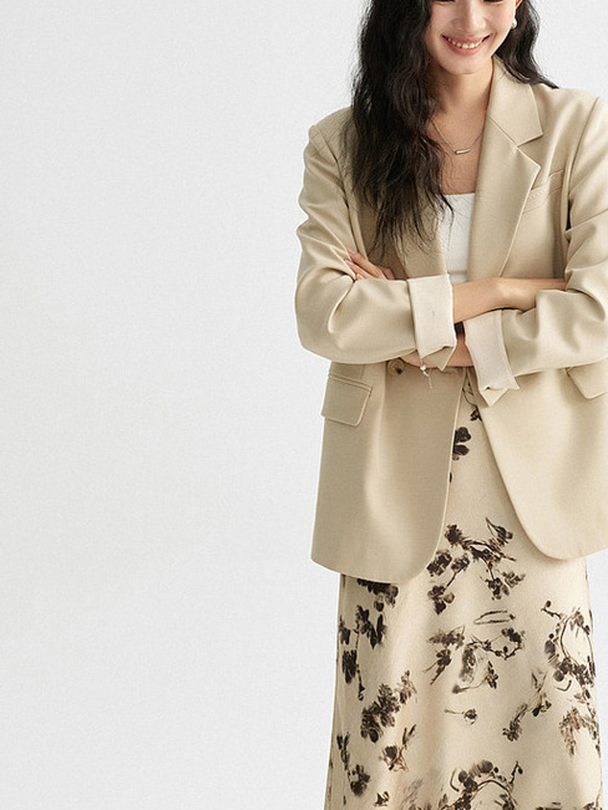 Ivory Floral A-Line Midi Skirt with Pleated Fishtail Hem