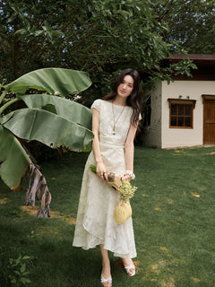 Apricot Midi Dress Featuring Cinched Waist and Short Sleeves