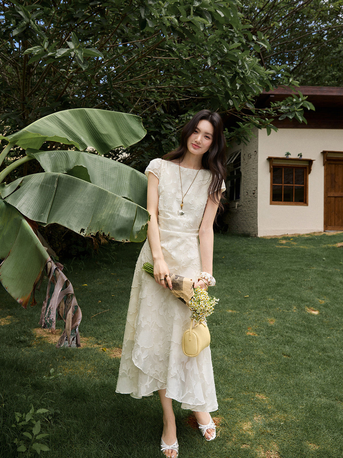 Apricot Midi Dress Featuring Cinched Waist and Short Sleeves