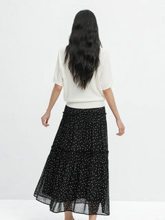 Full-length black floral skirt with sheer overlay and gathered waist