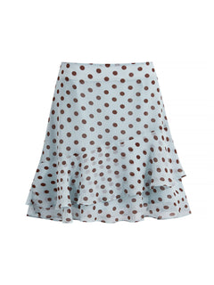 Light Blue Polka Dot Mid-Calf Skirt with Tiered Ruffles