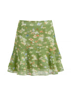 Green Floral High Waist Skirt with Layered Ruffles