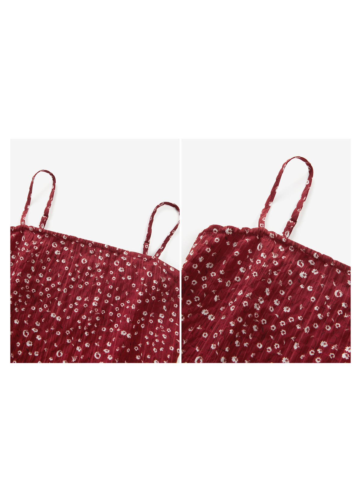 Back view of red floral tank top showing thin straps and peplum waist.