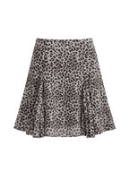 Leopard Print Pleated Midi Skirt with Asymmetrical Hem