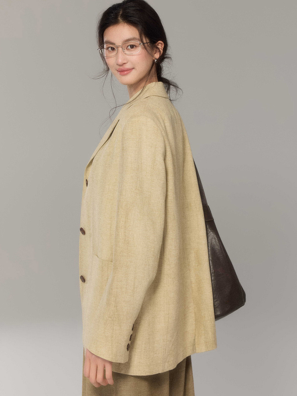 Khaki Long Double-Breasted Blazer with Notch Collar