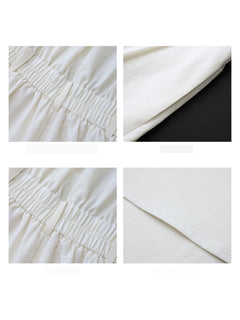Close-up details of the ivory A-line long dress: elasticated waist, side pocket, and hem.