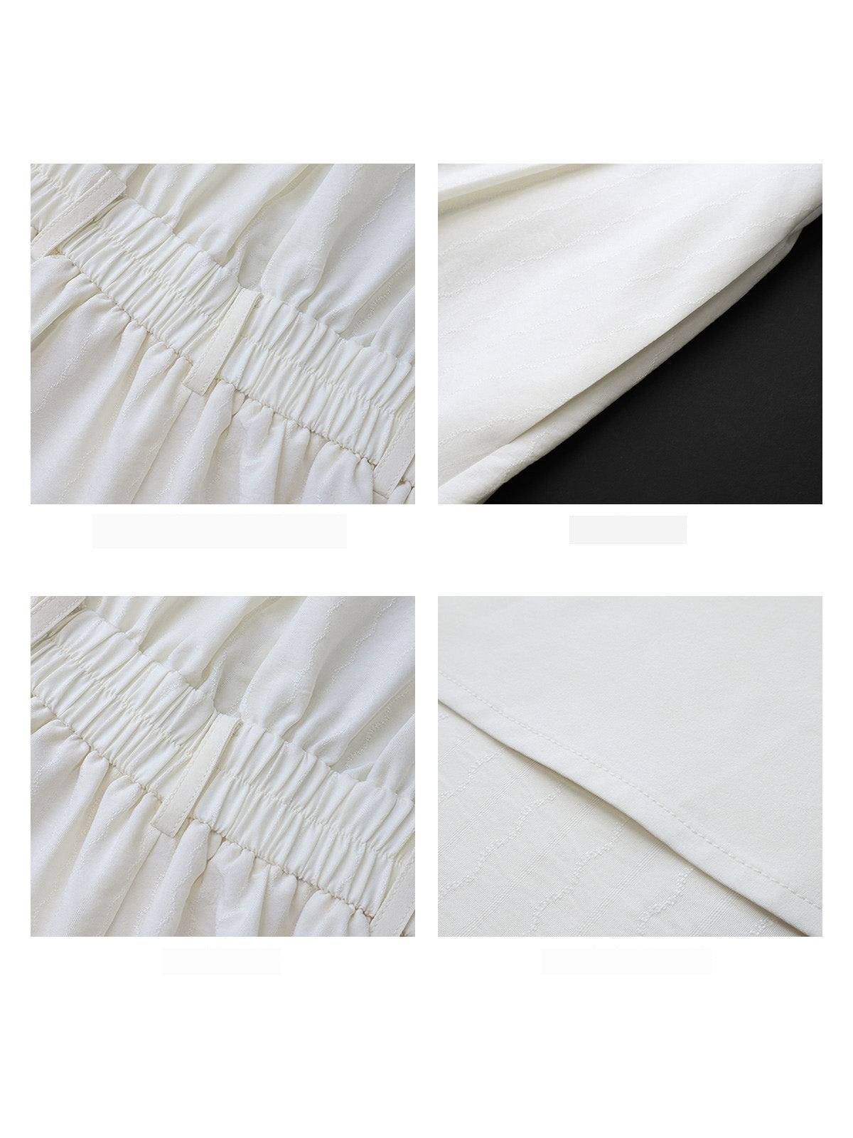 Close-up details of the ivory A-line long dress: elasticated waist, side pocket, and hem.