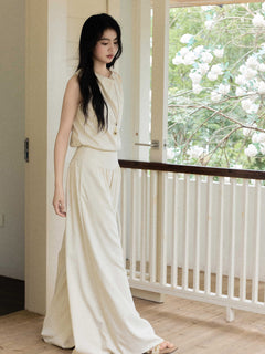 High-Rise Cream Wide-Leg Pants with Elasticated Waist