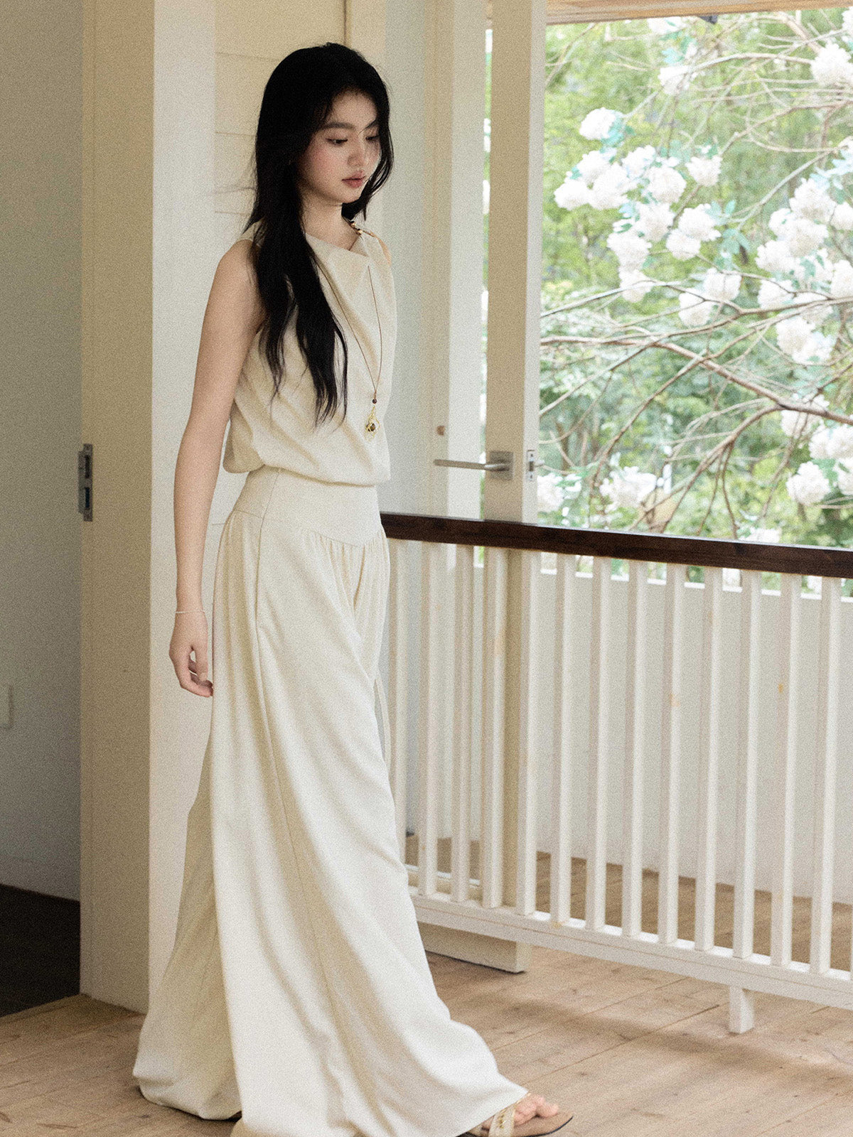 High-Rise Cream Wide-Leg Pants with Elasticated Waist