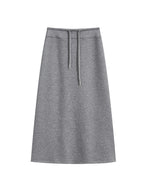 Grey A-Line Midi Skirt with Side Slit and Drawstring Waist