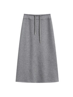 Grey A-Line Midi Skirt with Side Slit and Drawstring Waist
