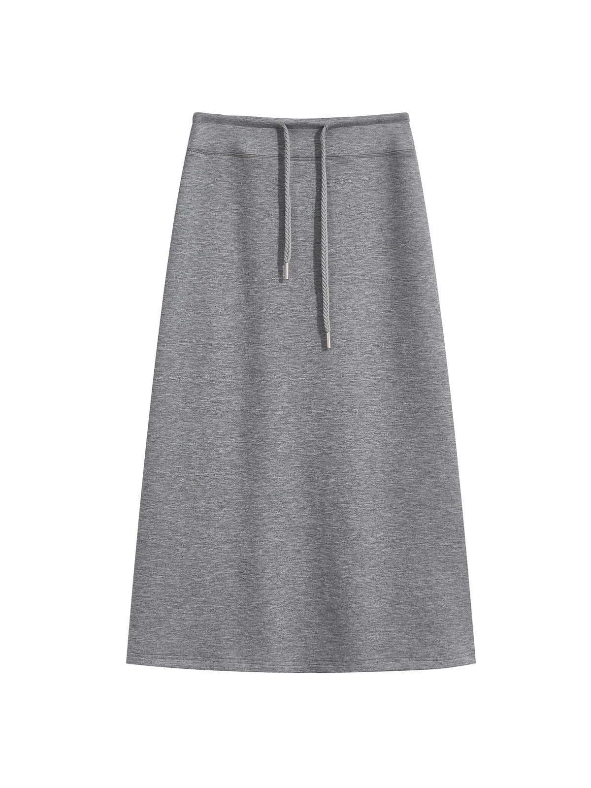 Grey A-Line Midi Skirt with Side Slit and Drawstring Waist