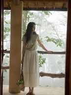 A-line Ivory and Light Blue Skirt with Pleated Waist