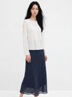 Navy Polka Dot A-Line Midi Skirt with Gathered Elastic Waist