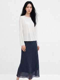 Navy Polka Dot A-Line Midi Skirt with Gathered Elastic Waist