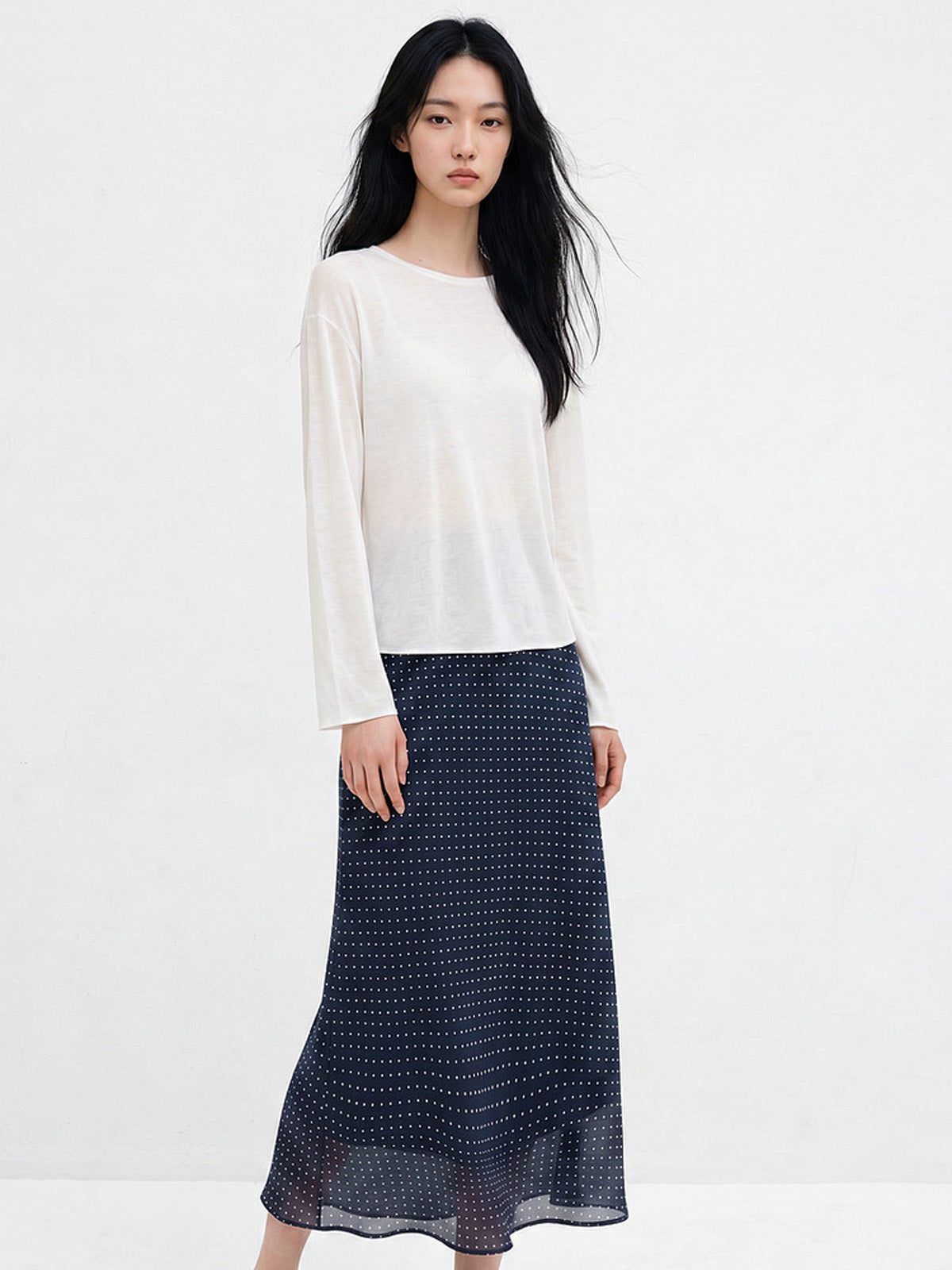 Navy Polka Dot A-Line Midi Skirt with Gathered Elastic Waist