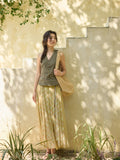 Yellow plaid a-line skirt with irregular hem and pleats