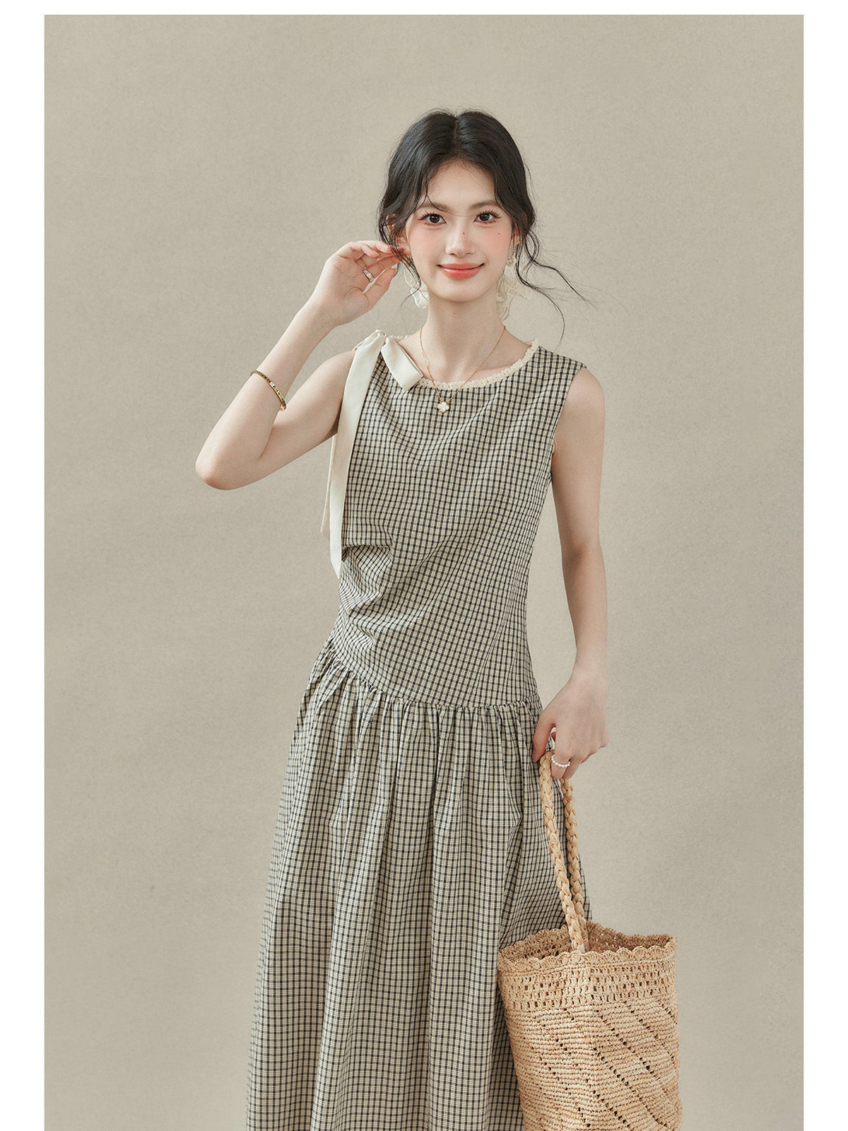 Black and White Checked A-Line Midi Dress with Bow Strap