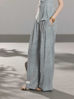 Light blue long pleated skirt with gathered waistband