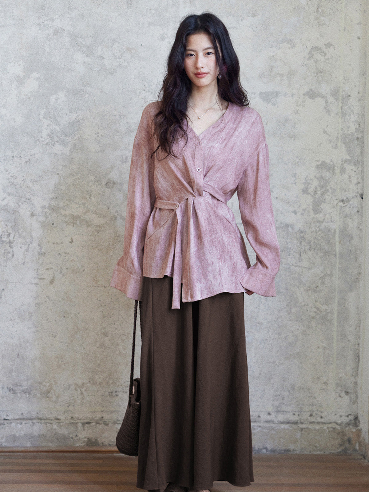Coffee Brown Long A-Line Skirt with Asymmetrical Side Seam