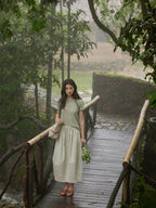 A-line Ivory and Light Blue Skirt with Pleated Waist