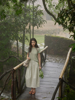 A-line Ivory and Light Blue Skirt with Pleated Waist