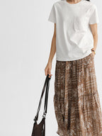 Brown Paisley Tiered Midi Skirt with Elastic Waist