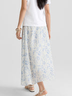 Blue Floral A-Line Pleated Skirt with Elastic Waist