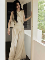 High-Rise Cream Wide-Leg Pants with Elasticated Waist