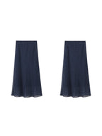 Navy Polka Dot A-Line Midi Skirt with Gathered Elastic Waist