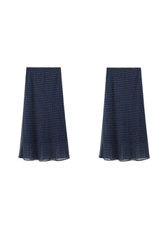 Navy Polka Dot A-Line Midi Skirt with Gathered Elastic Waist