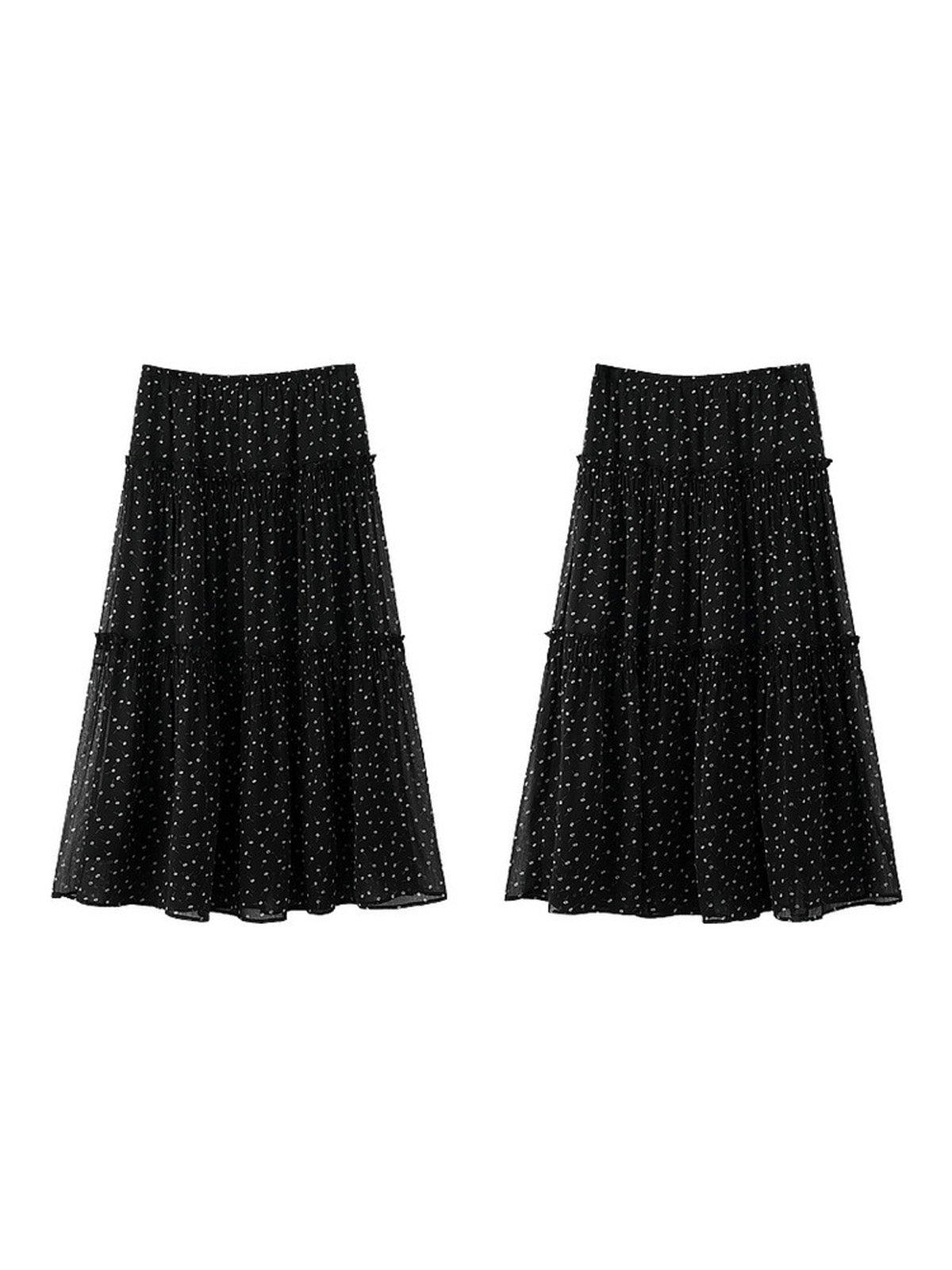 Front view of black floral skirt featuring small white print on sheer overlay