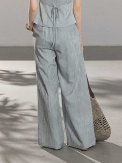 Light Blue A-Line Long Pleated Skirt with Elastic Waistband