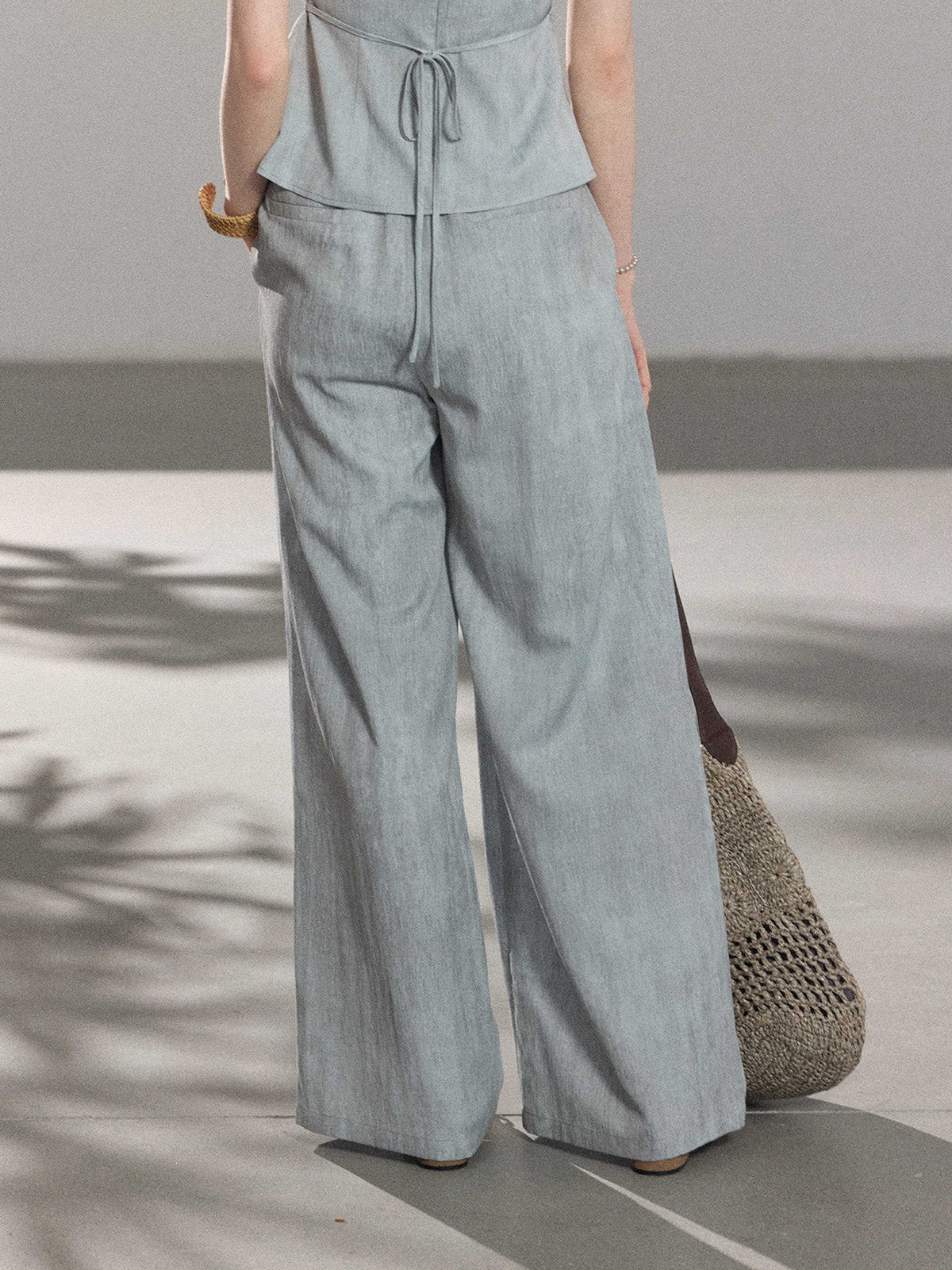 Light Blue A-Line Long Pleated Skirt with Elastic Waistband