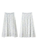 Blue Floral A-Line Pleated Skirt with Elastic Waist