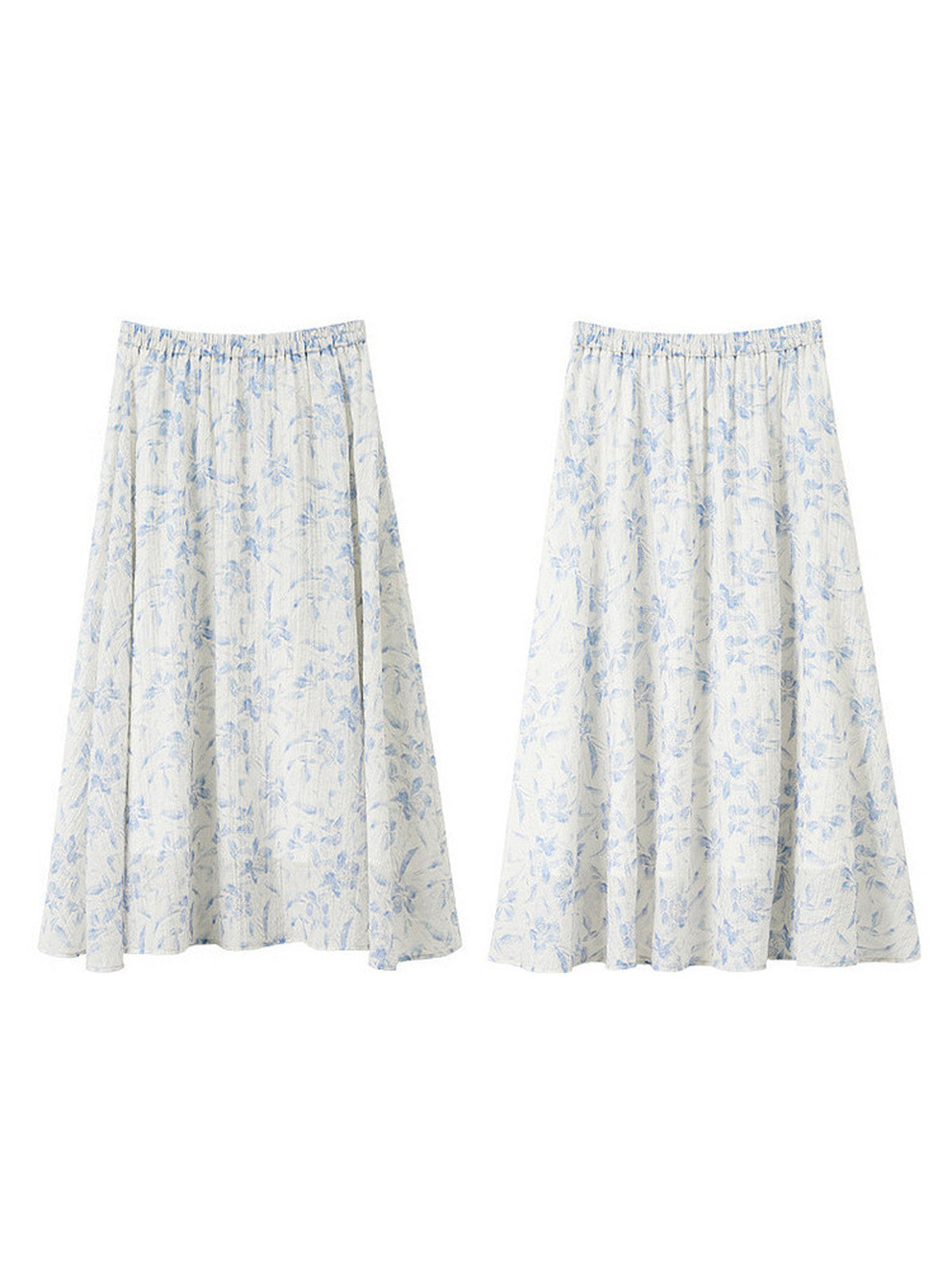 Blue Floral A-Line Pleated Skirt with Elastic Waist