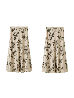 Ivory Floral A-Line Midi Skirt with Pleated Fishtail Hem