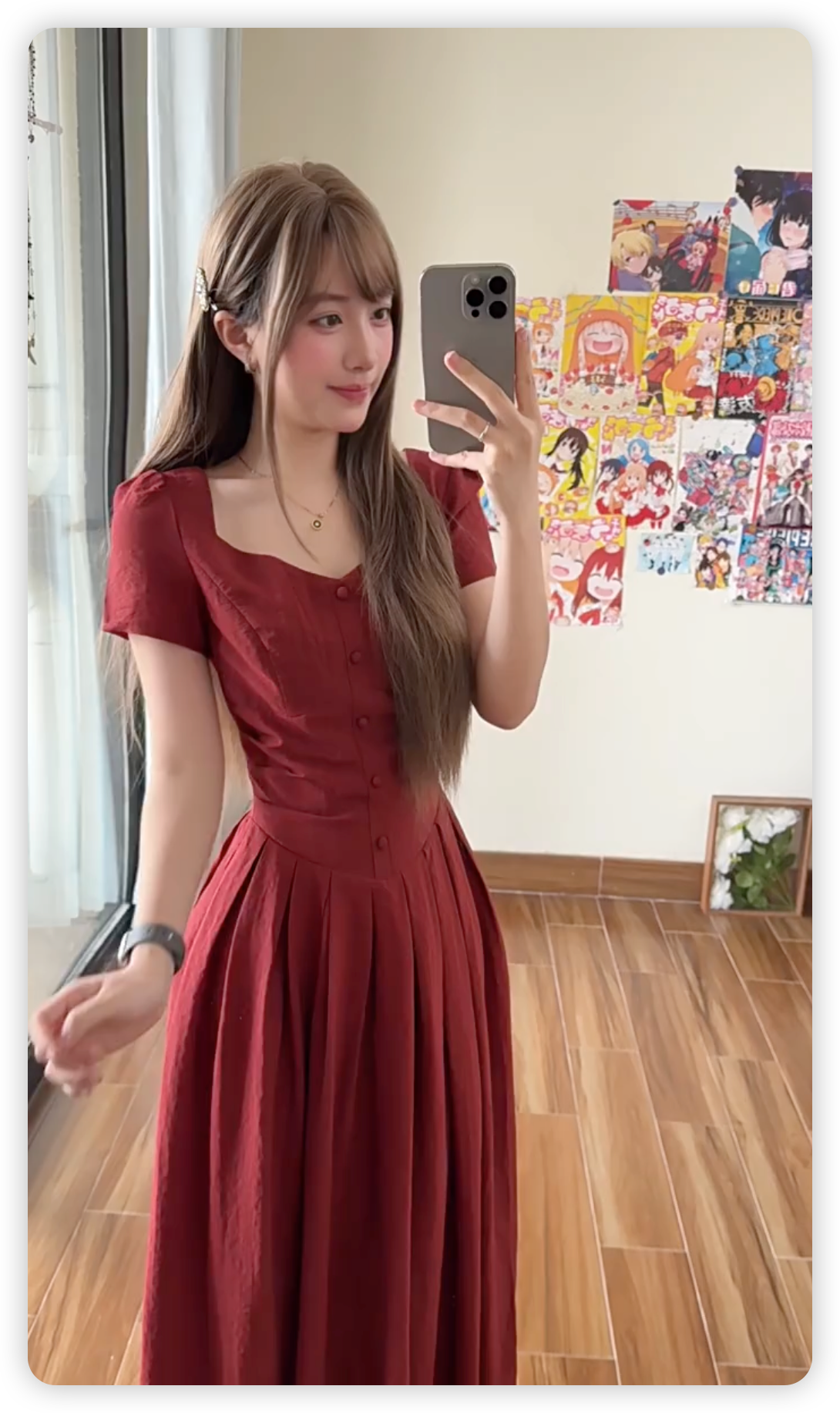 SHEVOV customer look featuring Red A-Line Midi to Maxi Dress with V-Neck and Puffed Sleeves