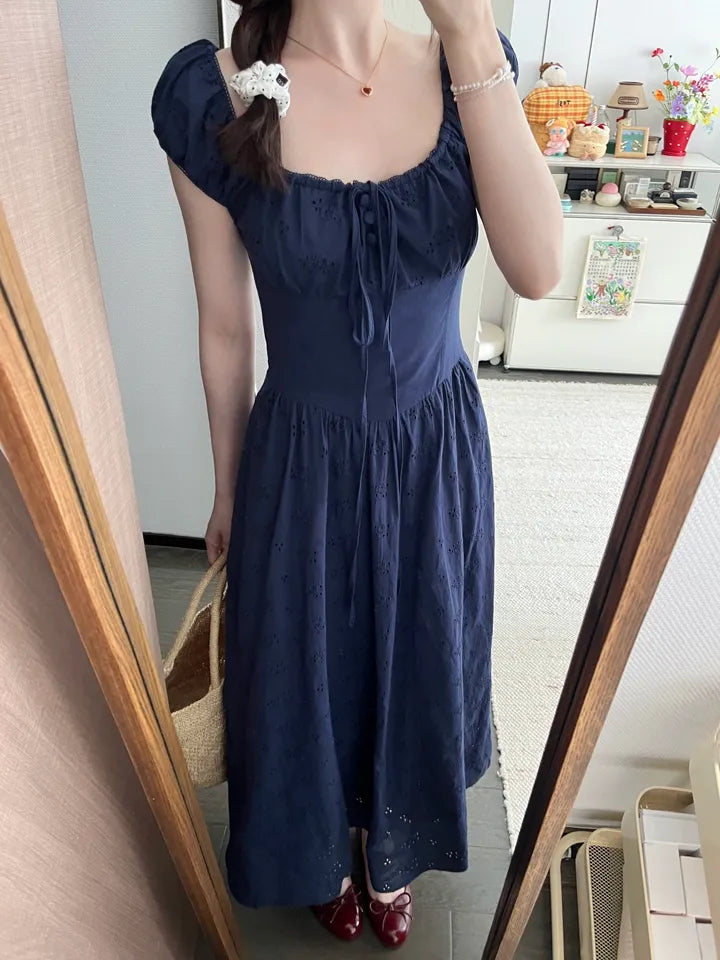 SHEVOV customer look featuring Navy Blue A-Line Maxi Dress Square Neck Eyelet Lace