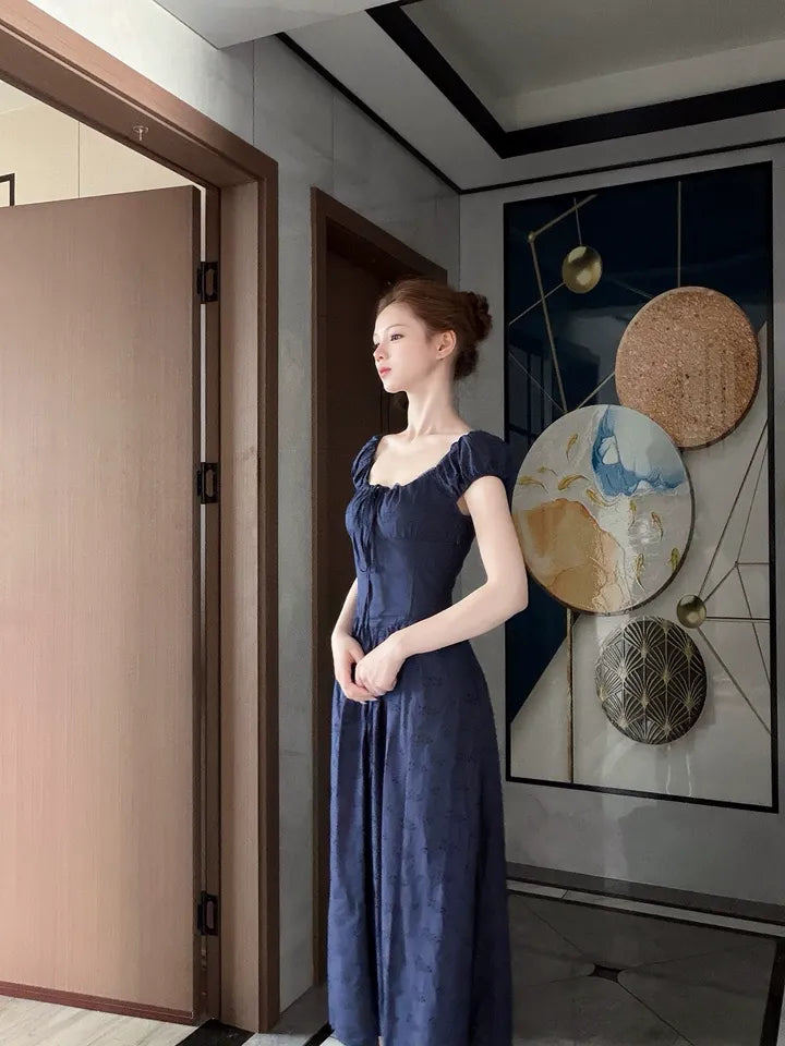 SHEVOV customer look featuring Navy Blue A-Line Maxi Dress Square Neck Eyelet Lace