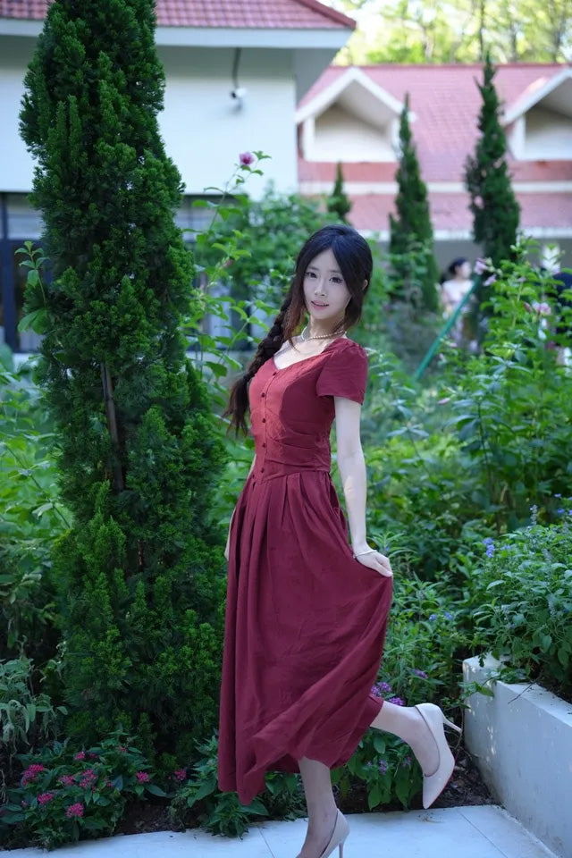 SHEVOV customer look featuring A-Line Long V-Neck Dress with Front Button and Pleated Skirt