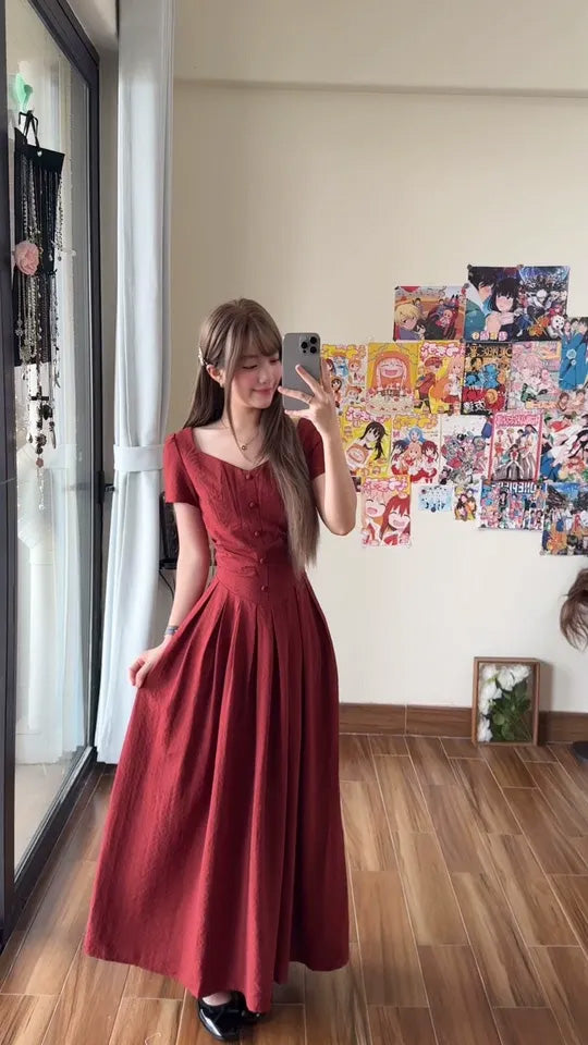 SHEVOV customer look featuring A-Line Long V-Neck Dress with Front Button and Pleated Skirt